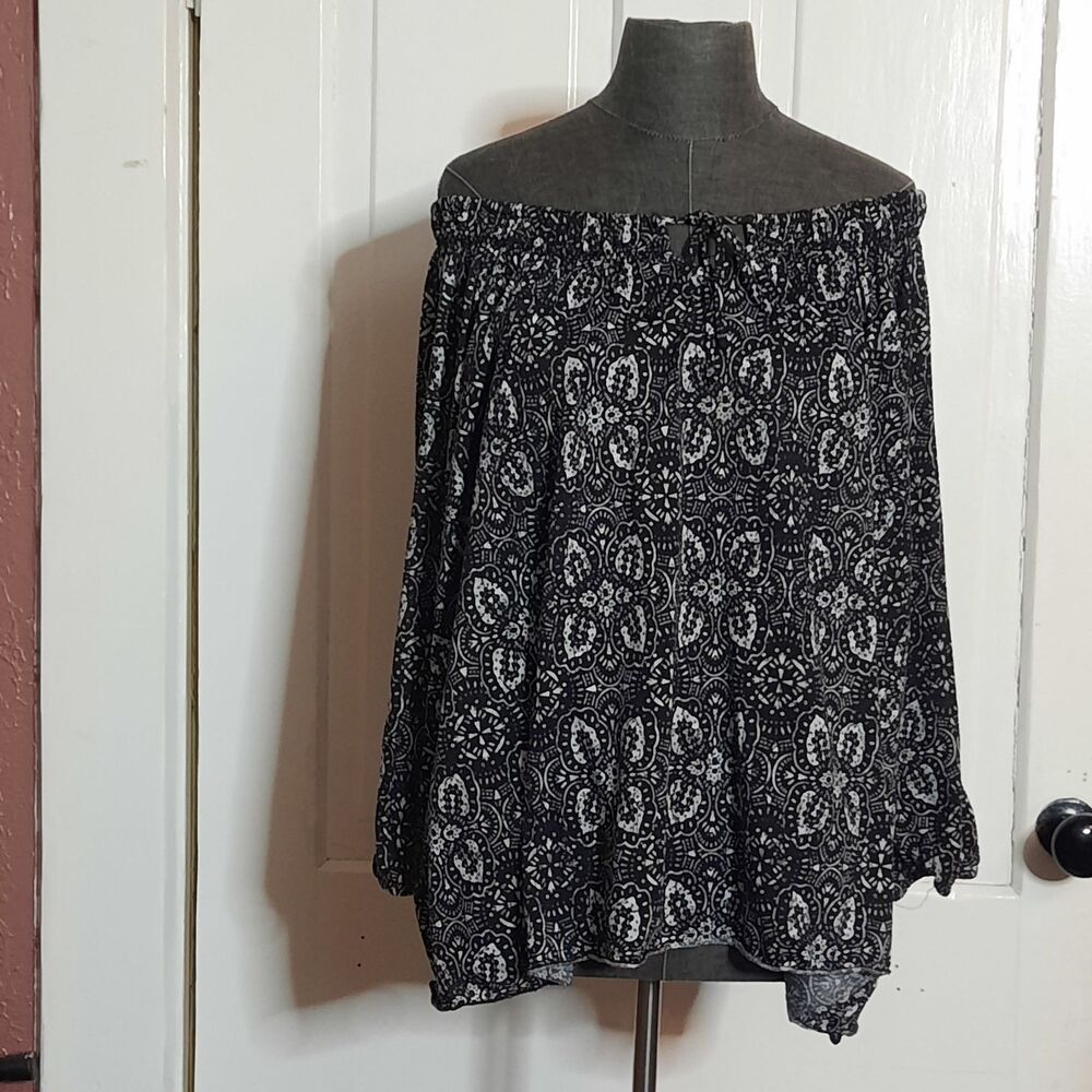 Faded Glory Black White Damask Paisley Print Peasant Blouse Off Shoulder 2XL 20